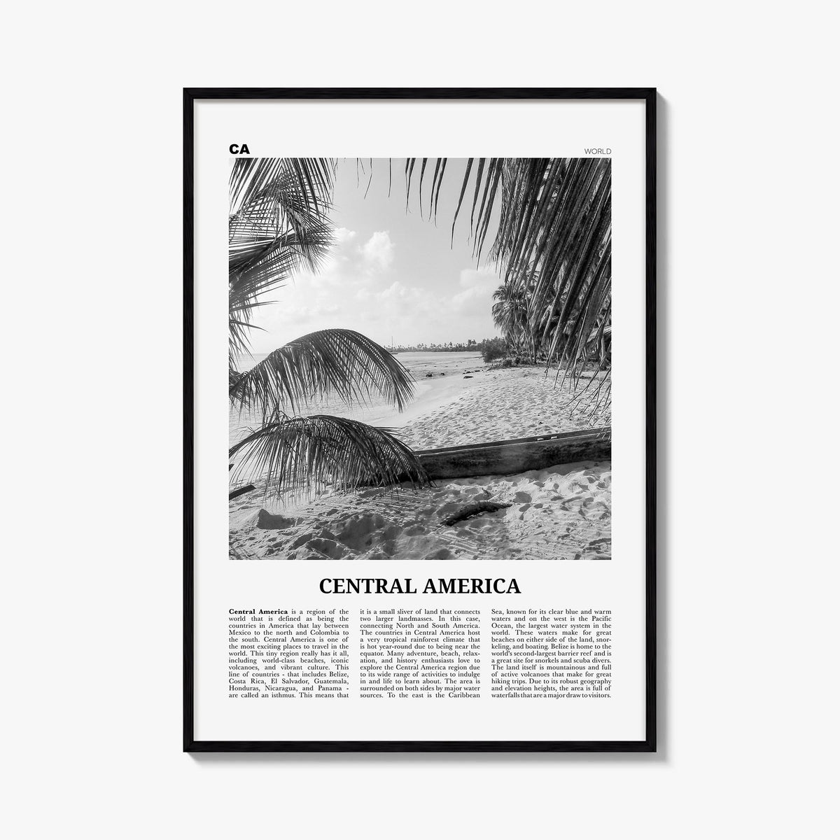 Central America black & white newspaper poster – vertical wall art, unframed print shown in interior mockup