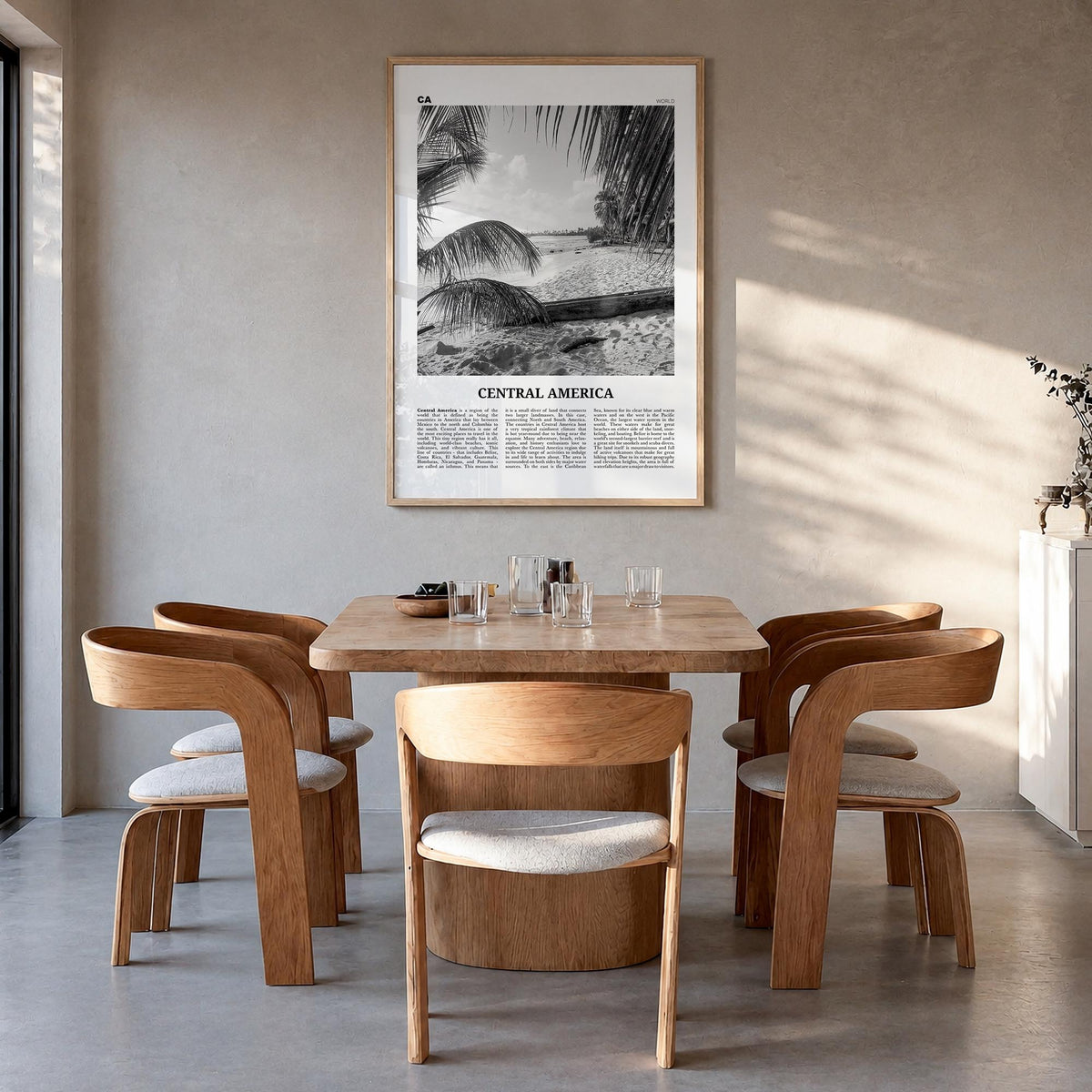 Central America black & white newspaper poster – vertical wall art in natural wood frame, hanging on wall