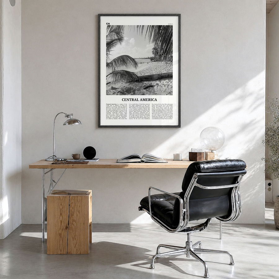 Central America Newspaper Poster in a black wood frame, hanging in a bright home office