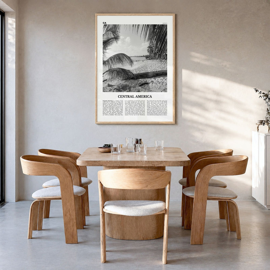Central America Newspaper Poster in a natural wood frame, hanging in a dining room