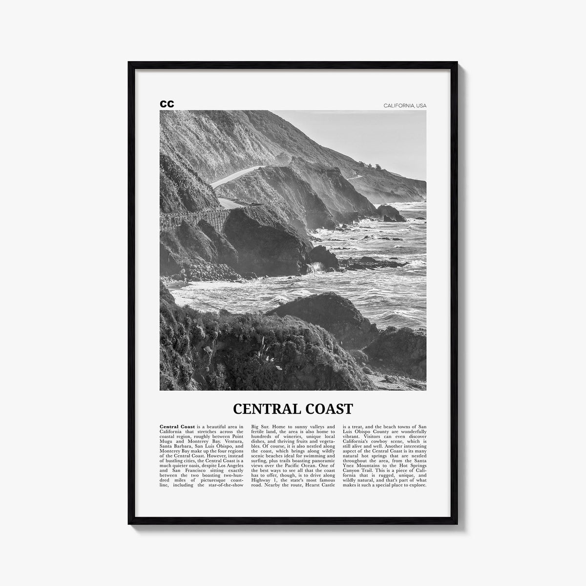 Central Coast black & white newspaper poster of California, USA – vertical wall art, unframed print shown in interior mockup