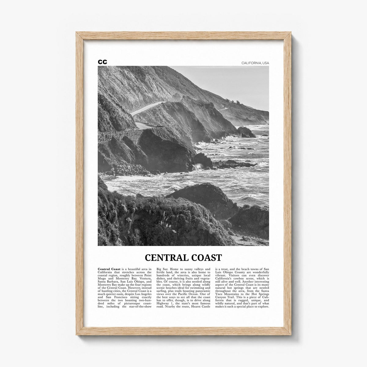 Central Coast Newspaper Poster in a natural wood frame
