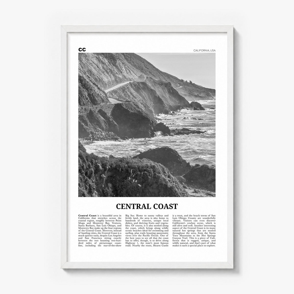 Central Coast Newspaper Poster in a white wood frame