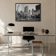 Central Park black & white photo poster of Manhattan, New York City – horizontal wall art in black wood frame, hanging on wal