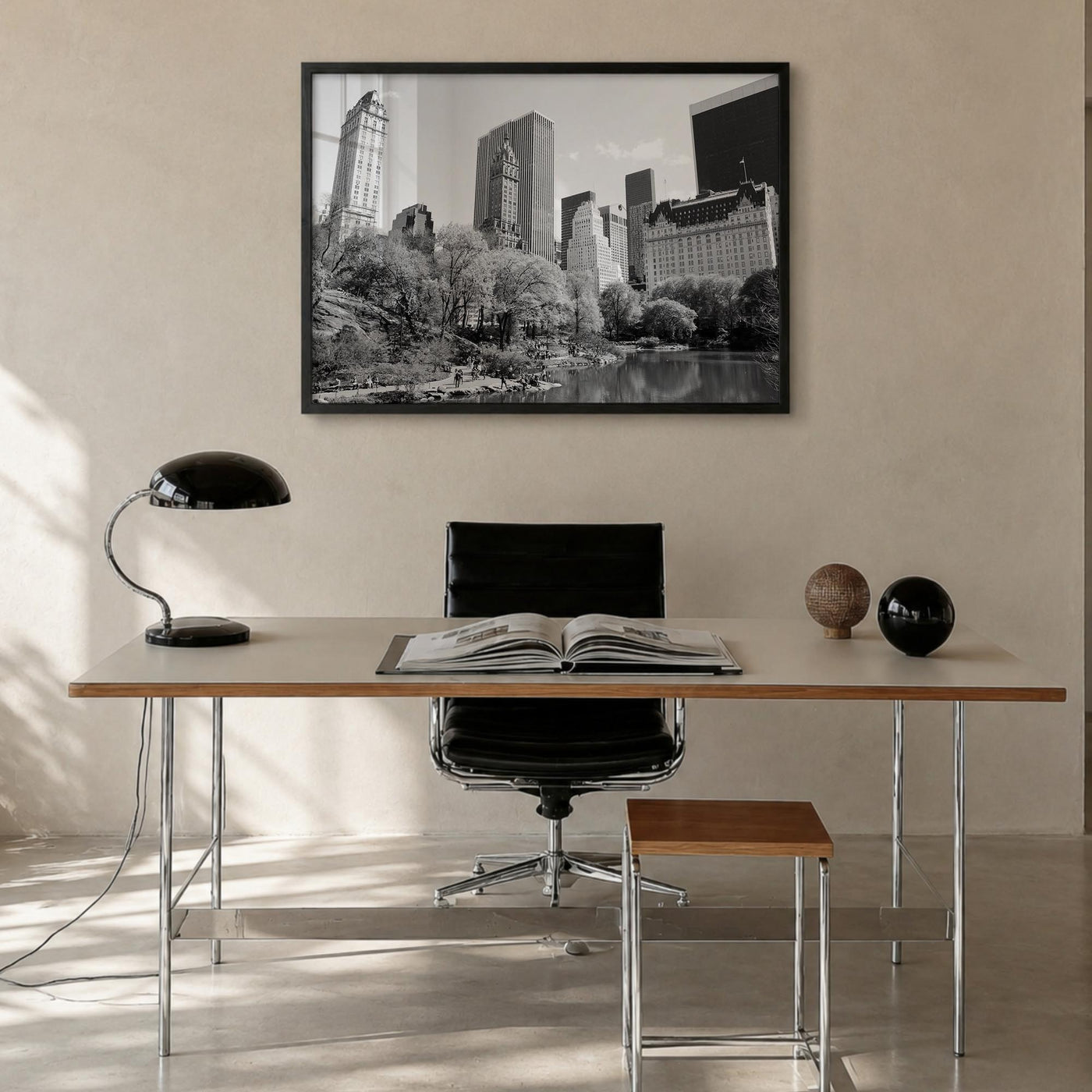 Central Park black & white photo poster of Manhattan, New York City – horizontal wall art in black wood frame, hanging on wal
