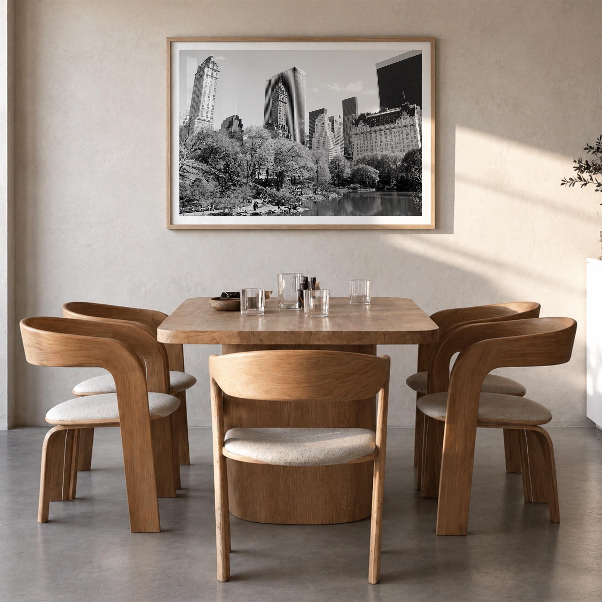 Central Park black & white photo poster of Manhattan, New York City – horizontal wall art in natural wood frame with white bo