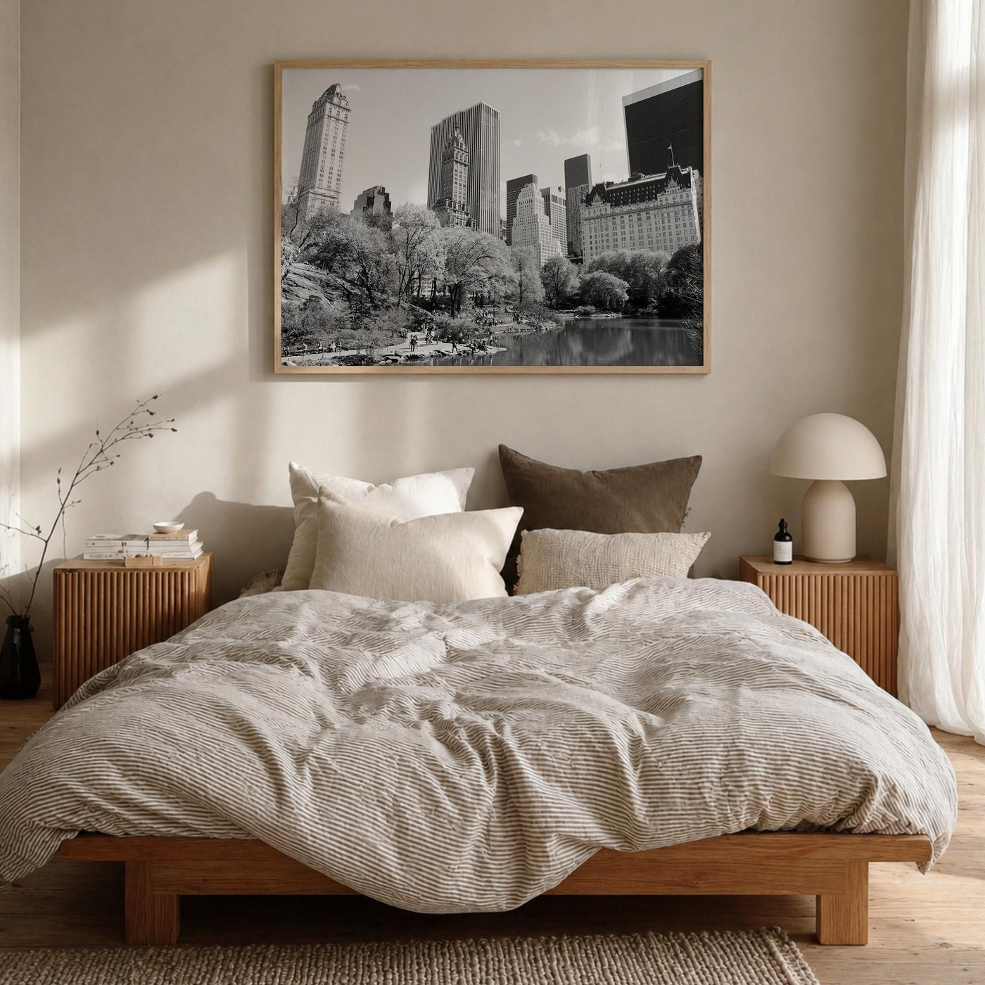 Central Park black & white photo poster of Manhattan, New York City – horizontal wall art in natural wood frame, hanging on w