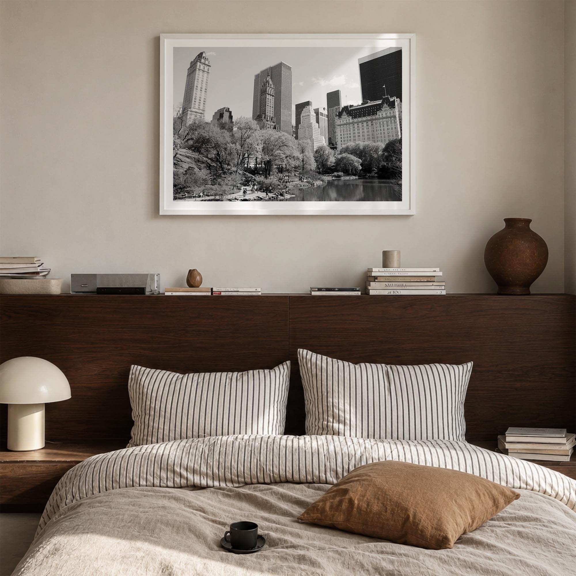Central Park black & white photo poster of Manhattan, New York City – horizontal wall art in white wood frame with white bord