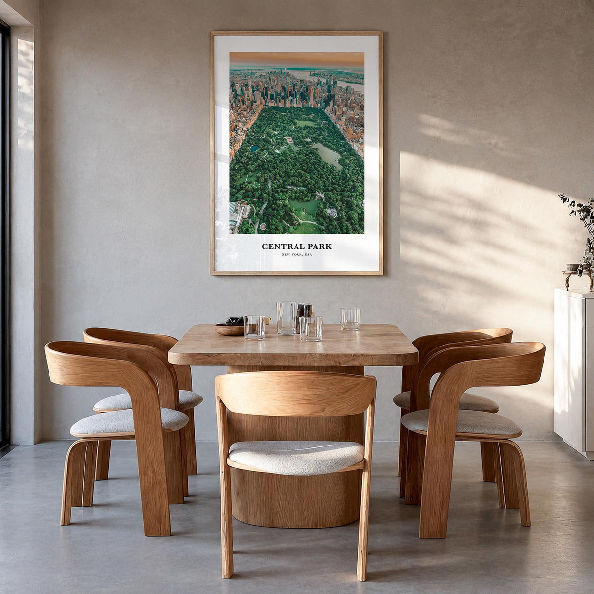 Central Park colorful classic poster of Manhattan, New York City – vertical wall art in natural wood frame, hanging on wall