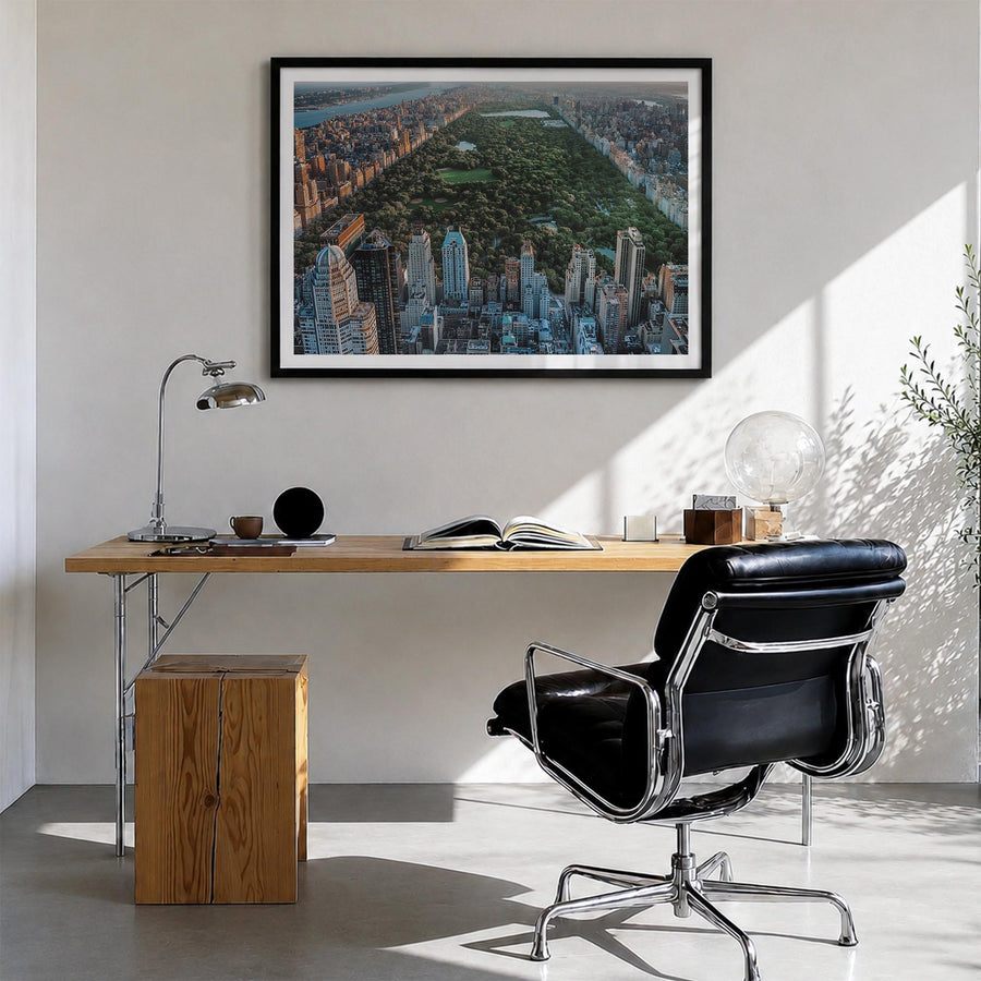 Central Park colorful photo poster of Manhattan, New York City – horizontal wall art in black wood frame with white border, h