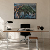 Central Park colorful photo poster of Manhattan, New York City – horizontal wall art in black wood frame, hanging on wall