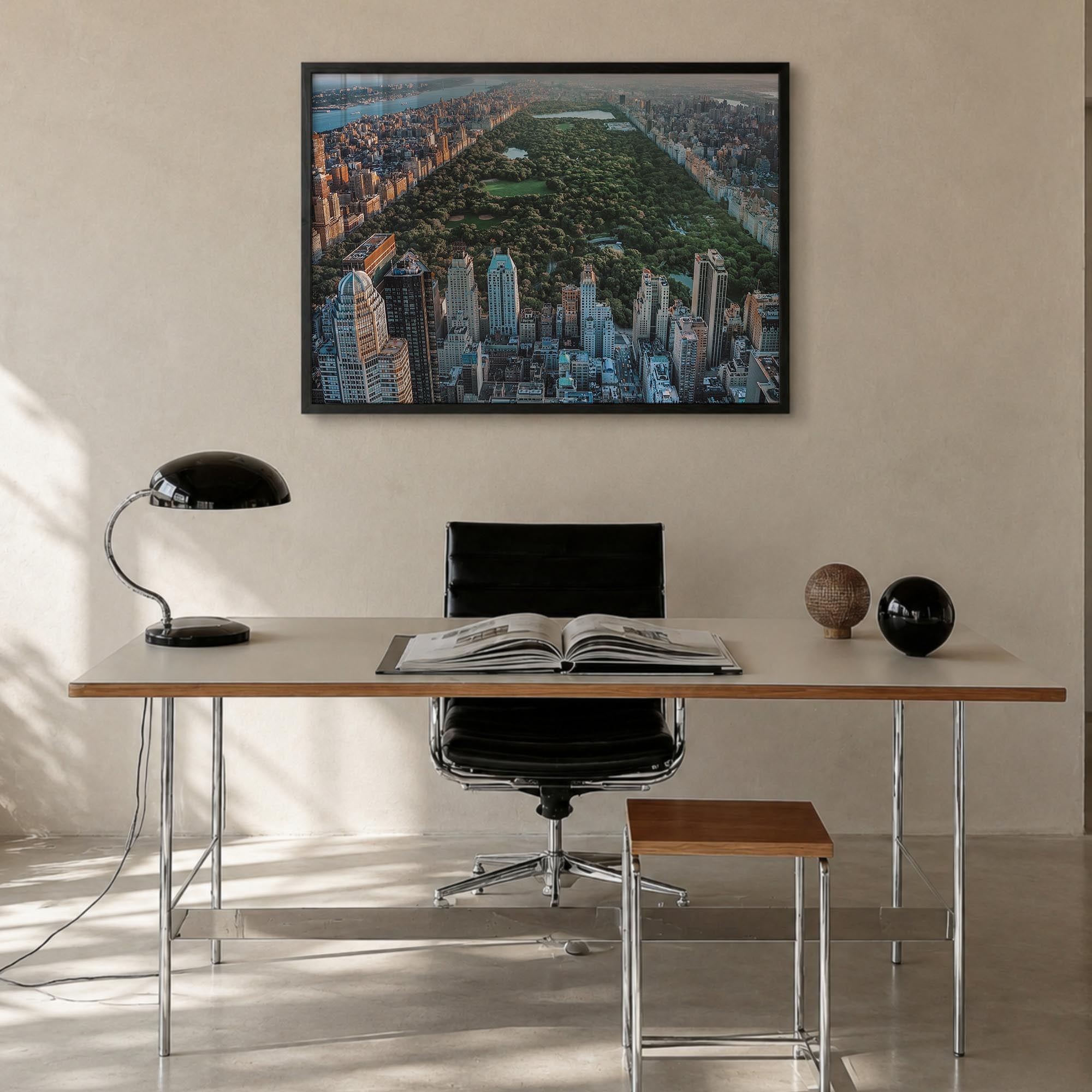 Central Park colorful photo poster of Manhattan, New York City – horizontal wall art in black wood frame, hanging on wall