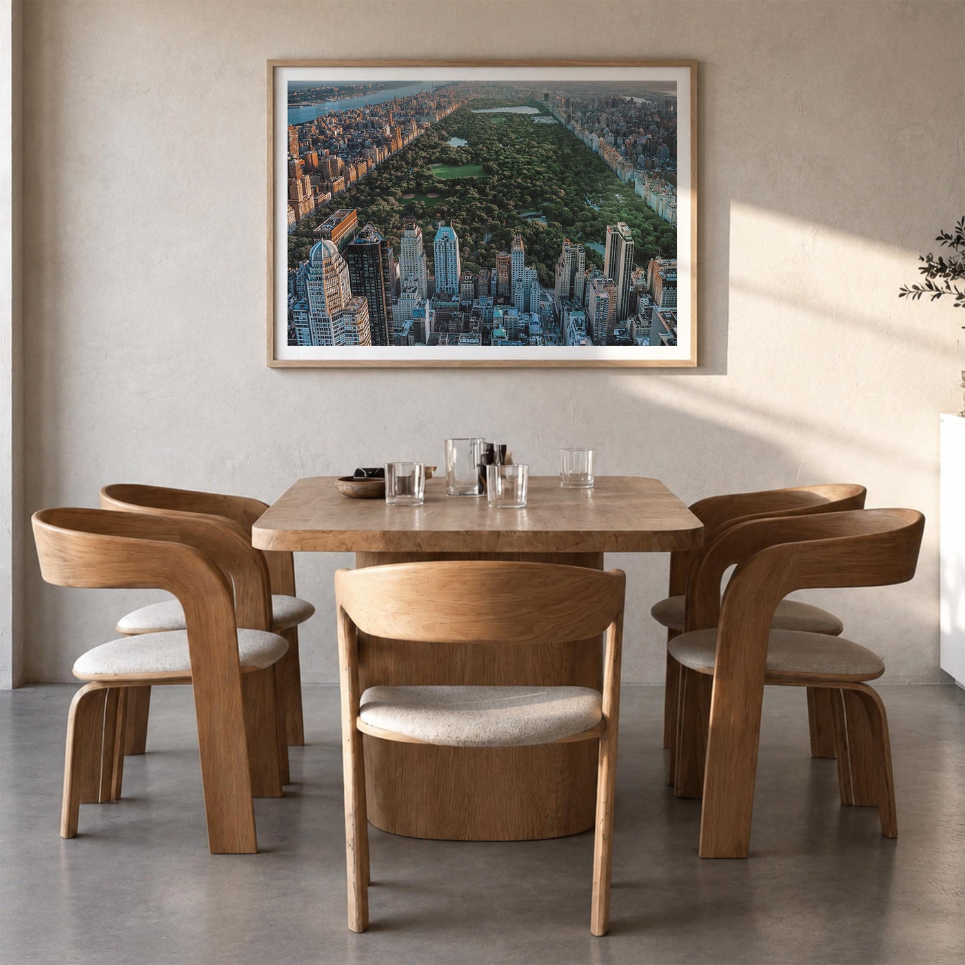 Central Park colorful photo poster of Manhattan, New York City – horizontal wall art in natural wood frame with white border,