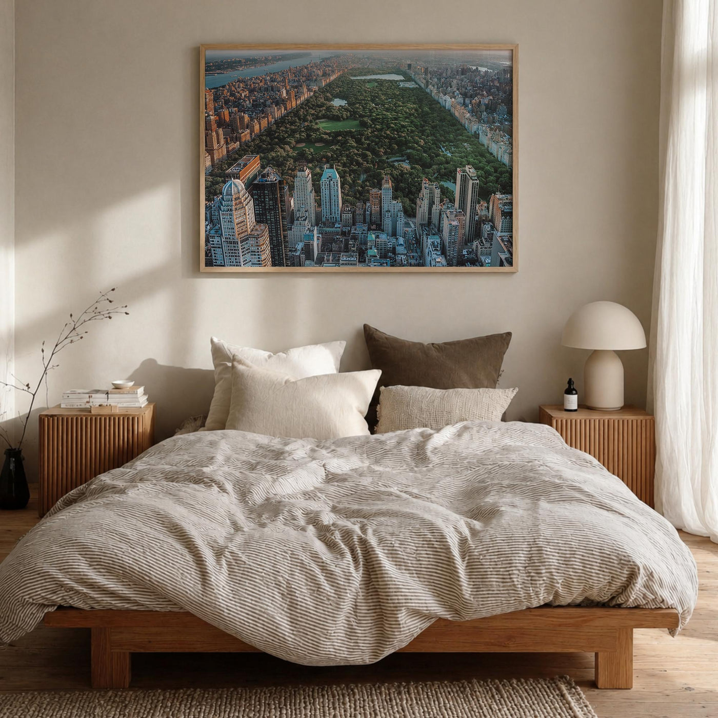 Central Park colorful photo poster of Manhattan, New York City – horizontal wall art in natural wood frame, hanging on wall