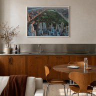 Central Park colorful photo poster of Manhattan, New York City – horizontal wall art in white wood frame, hanging on wall