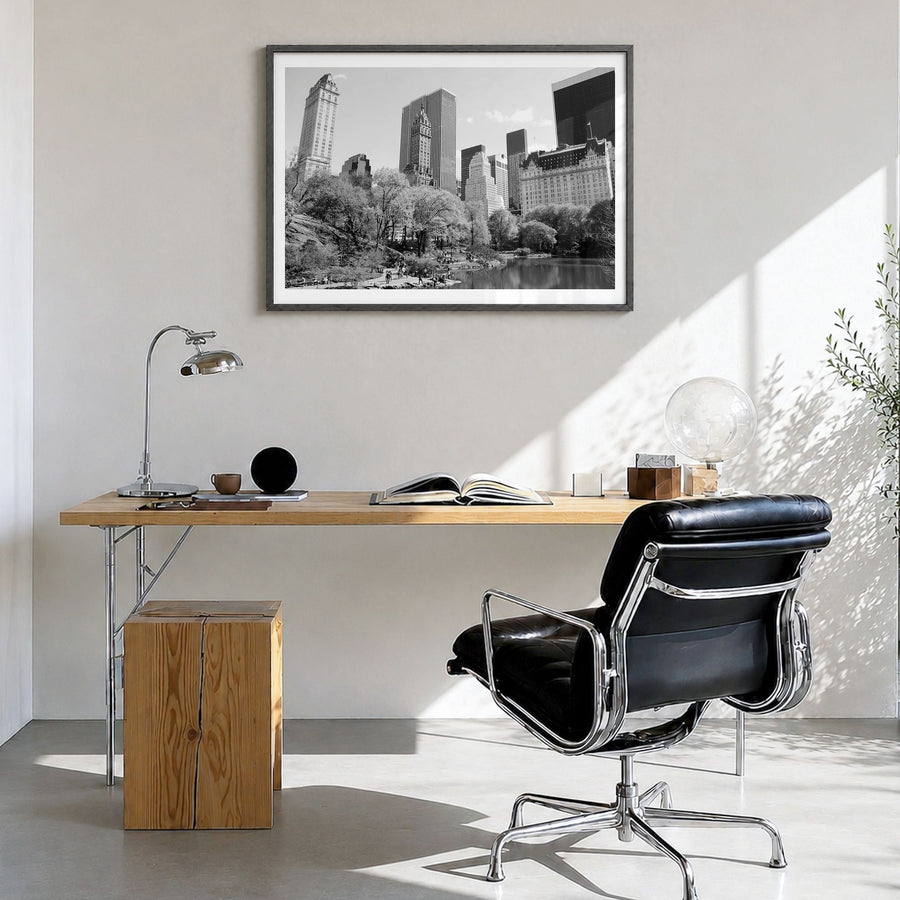 Central Park Photo Poster in a black wood frame, hanging in a bright home office, white border
