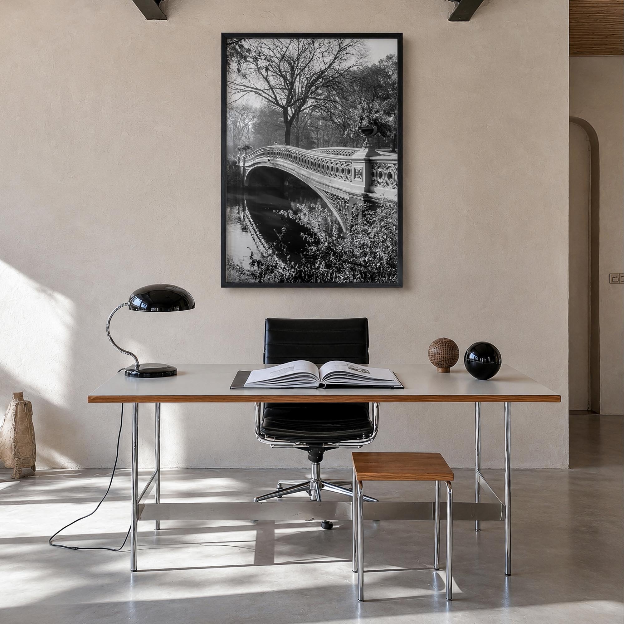 Central Park no. 2 black & white photo poster of Manhattan, New York City – vertical wall art in black wood frame, hanging on
