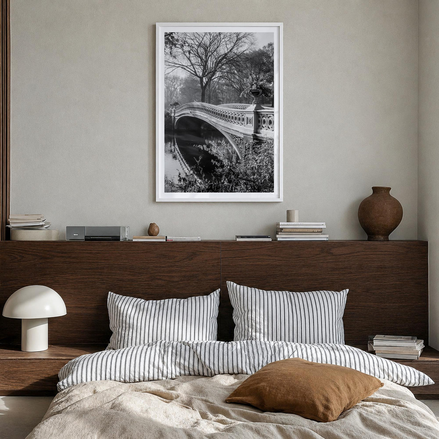 Central Park no. 2 black & white photo poster of Manhattan, New York City – vertical wall art in white wood frame with white 