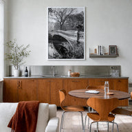 Central Park no. 2 black & white photo poster of Manhattan, New York City – vertical wall art in white wood frame, hanging on