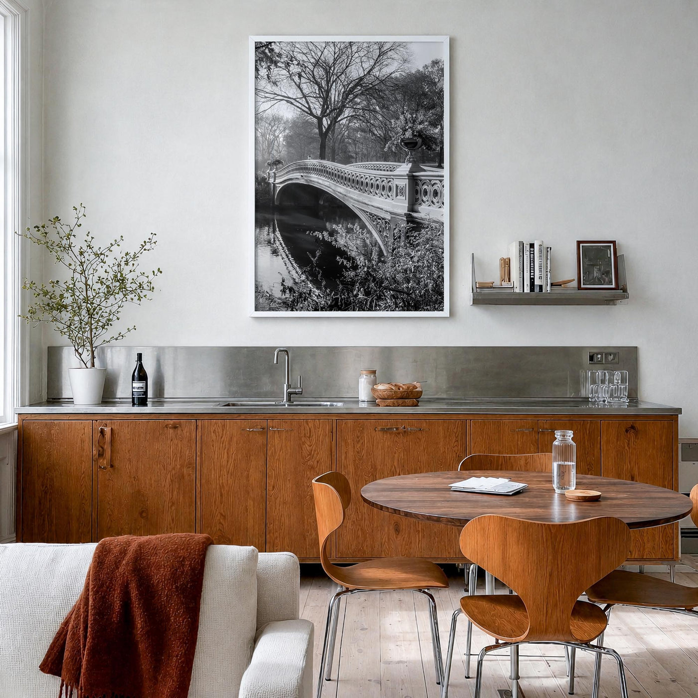 Central Park no. 2 black & white photo poster of Manhattan, New York City – vertical wall art in white wood frame, hanging on