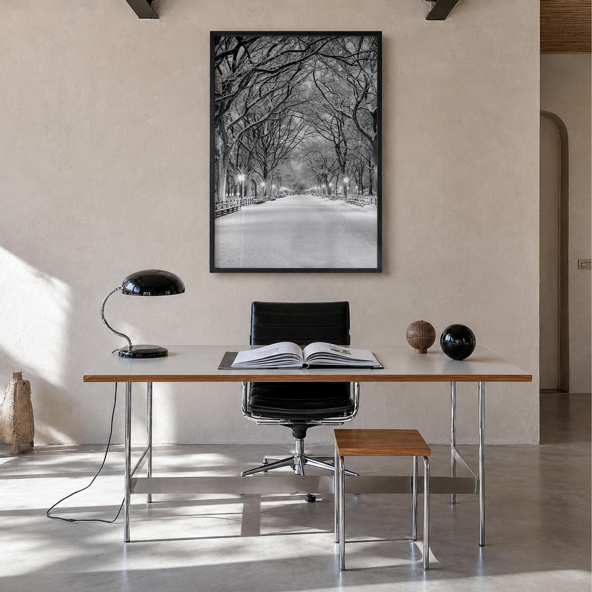 Central Park no. 3 black & white photo poster of Manhattan, New York City – vertical wall art in black wood frame, hanging on