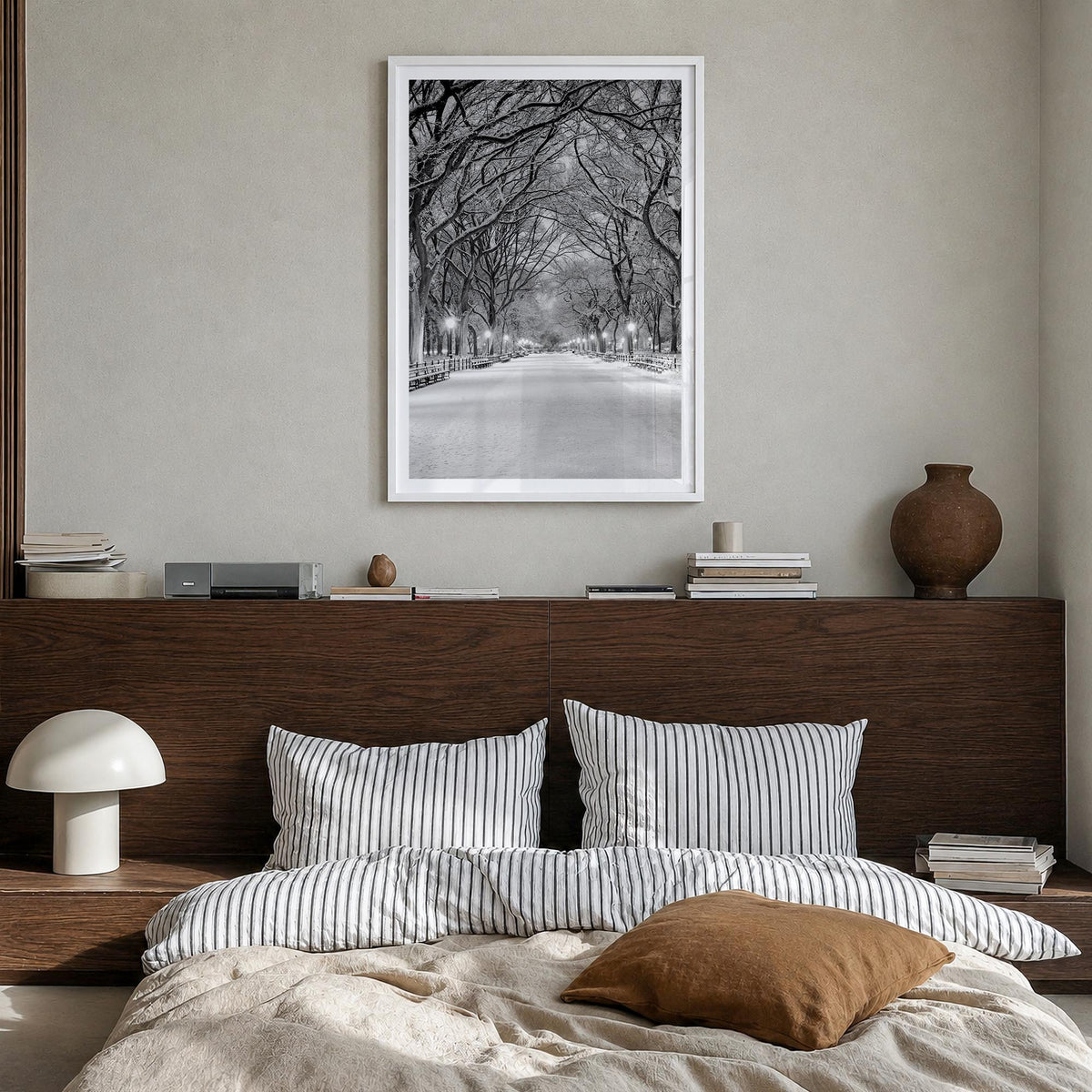 Central Park no. 3 black & white photo poster of Manhattan, New York City – vertical wall art in white wood frame with white 