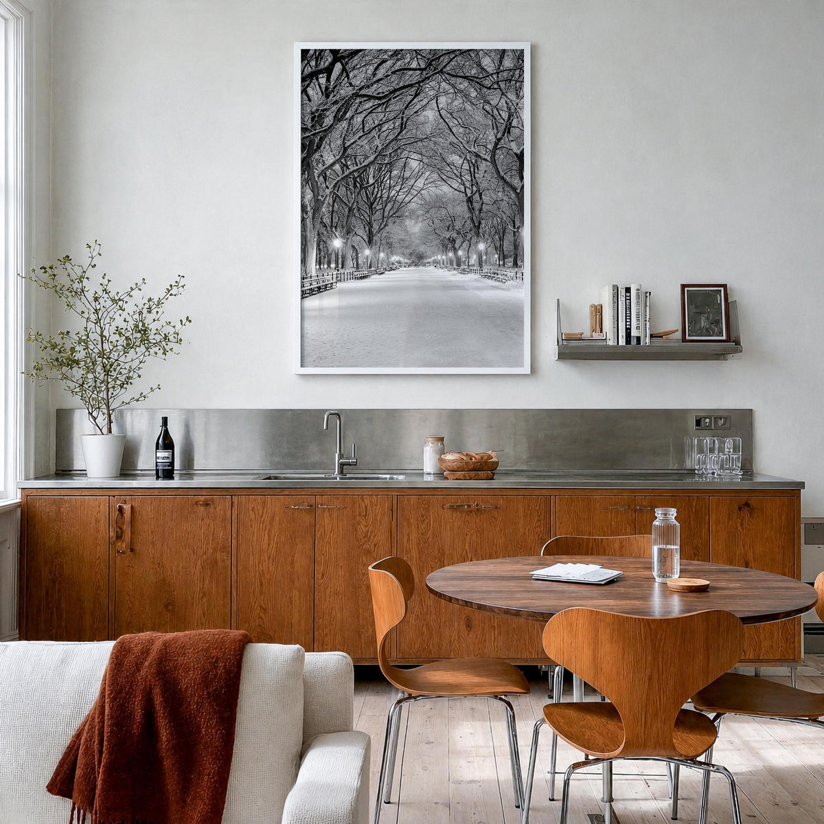 Central Park no. 3 black & white photo poster of Manhattan, New York City – vertical wall art in white wood frame, hanging on