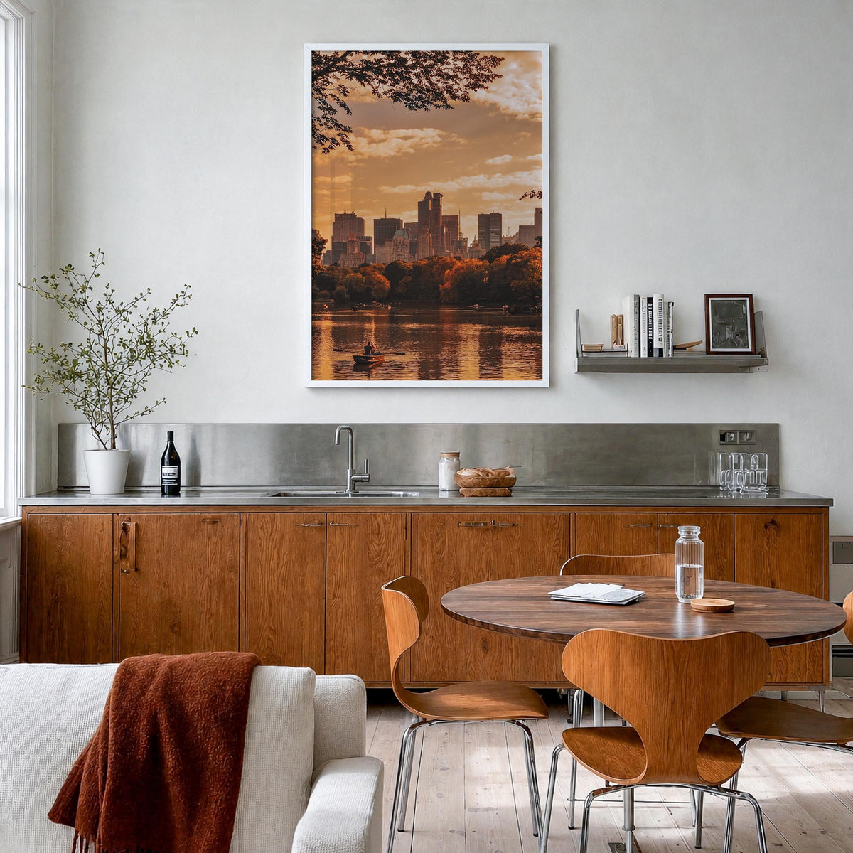 Central Park no. 3 colorful photo poster of Manhattan, New York City – vertical wall art in white wood frame, hanging on wall