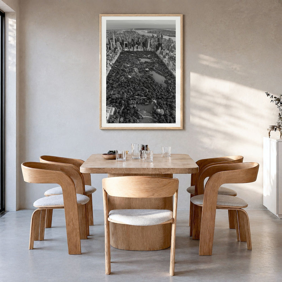 Central Park Photo No 1 Poster in a natural wood frame, hanging in a dining room, white border