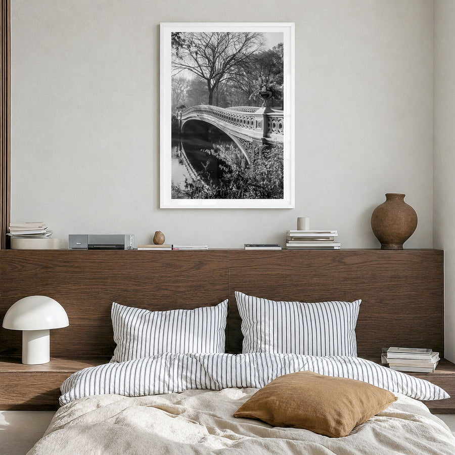 Central Park Photo No 2 Poster in a white wood frame, hanging in a bedroom, white border