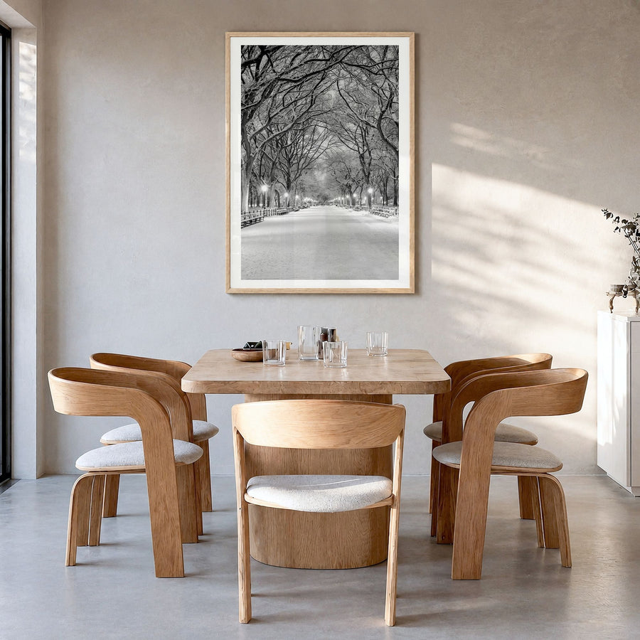 Central Park Photo No 3 Poster in a natural wood frame, hanging in a dining room, white border