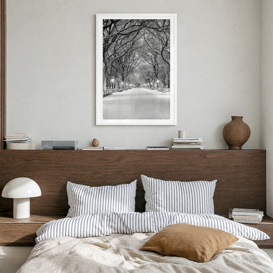 Central Park Photo No 3 Poster in a white wood frame, hanging in a bedroom, white border