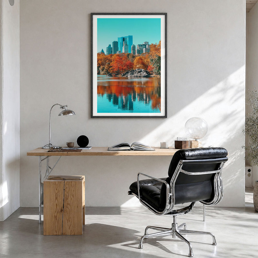 Central Park Photo No 1 Poster in a black wood frame, hanging in a bright home office, white border