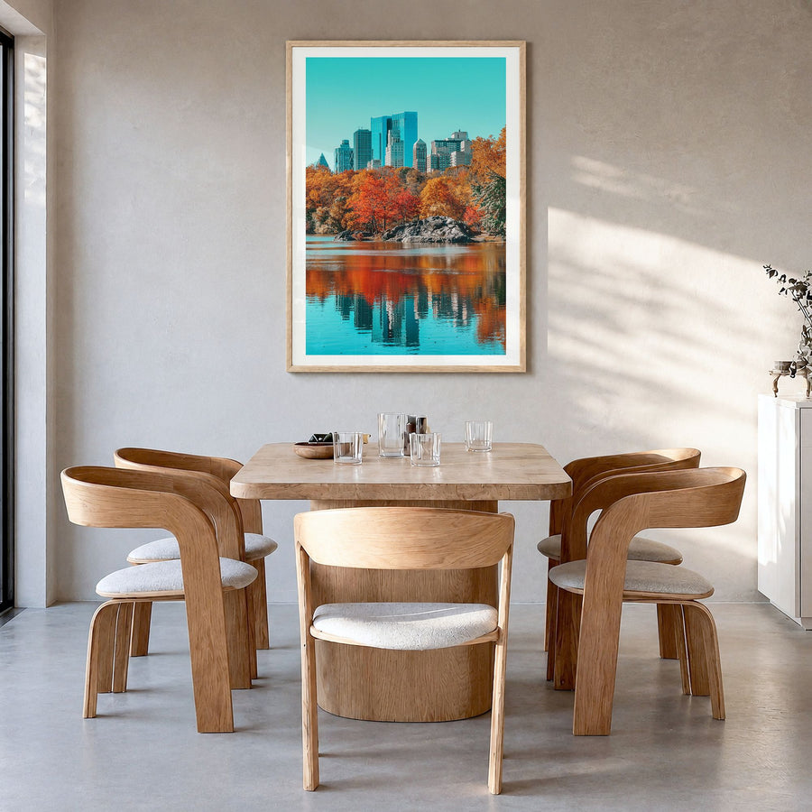 Central Park Photo No 1 Poster in a natural wood frame, hanging in a dining room, white border