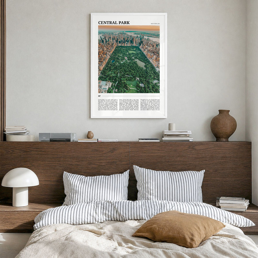Central Park Travel Poster in a white wood frame, hanging in a bedroom