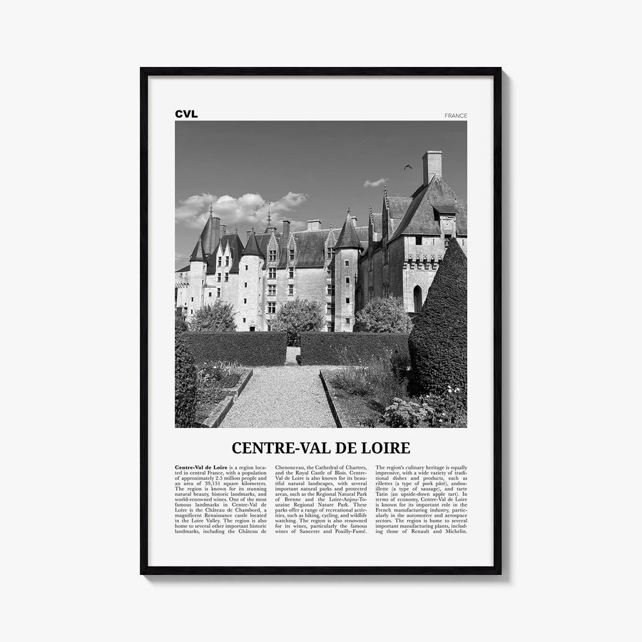 Centre-Val de Loire black & white newspaper poster of France – vertical wall art, unframed print shown in interior mockup