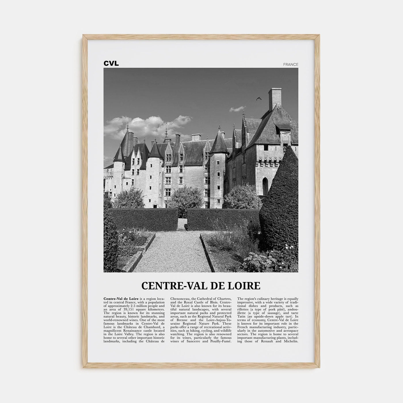 Centre-Val de Loire Poster Natural Wood / 8x12 in Nbourhood Travel B&W Poster