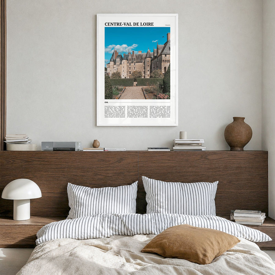 Centre-Val de Loire Travel Poster in a white wood frame, hanging in a bedroom