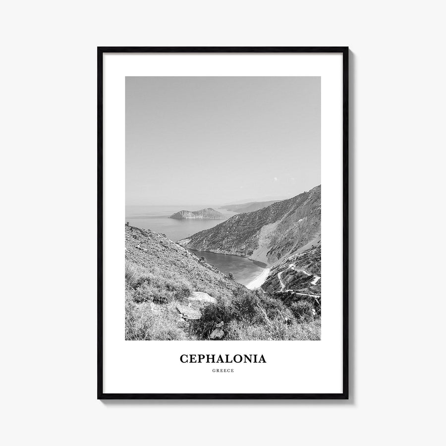 Cephalonia black & white classic poster of Greece – vertical wall art, unframed print shown in interior mockup