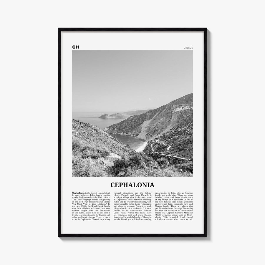 Cephalonia black & white newspaper poster of Greece – vertical wall art, unframed print shown in interior mockup