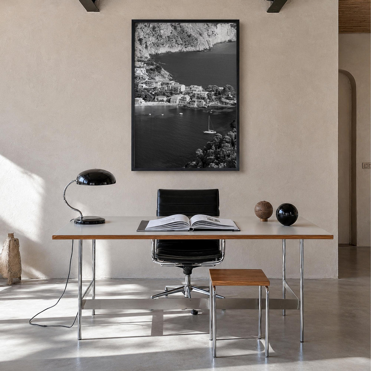 Cephalonia black & white photo poster of Greece – vertical wall art in black wood frame, hanging on wall