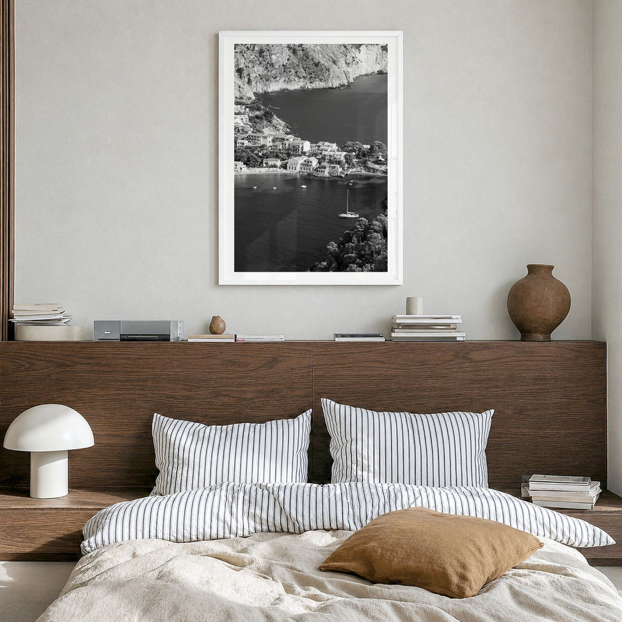 Cephalonia Photo Poster in a white wood frame, hanging in a bedroom, white border