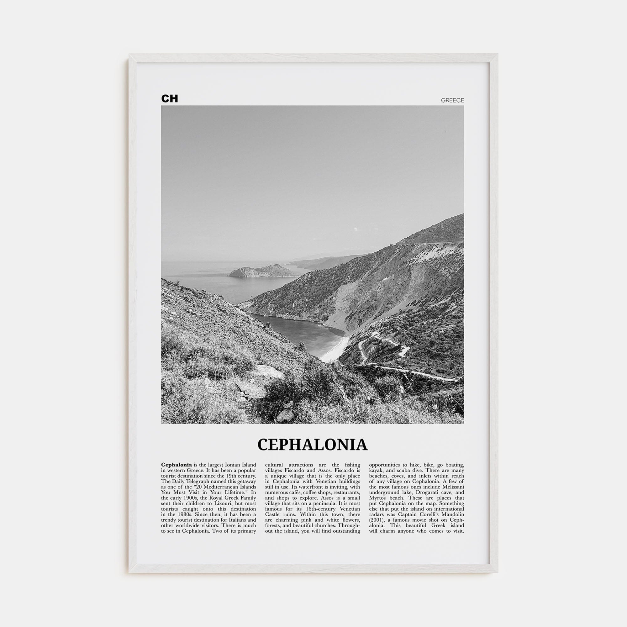 Cephalonia Poster White Wood / 8x12 in Nbourhood Travel B&W Poster