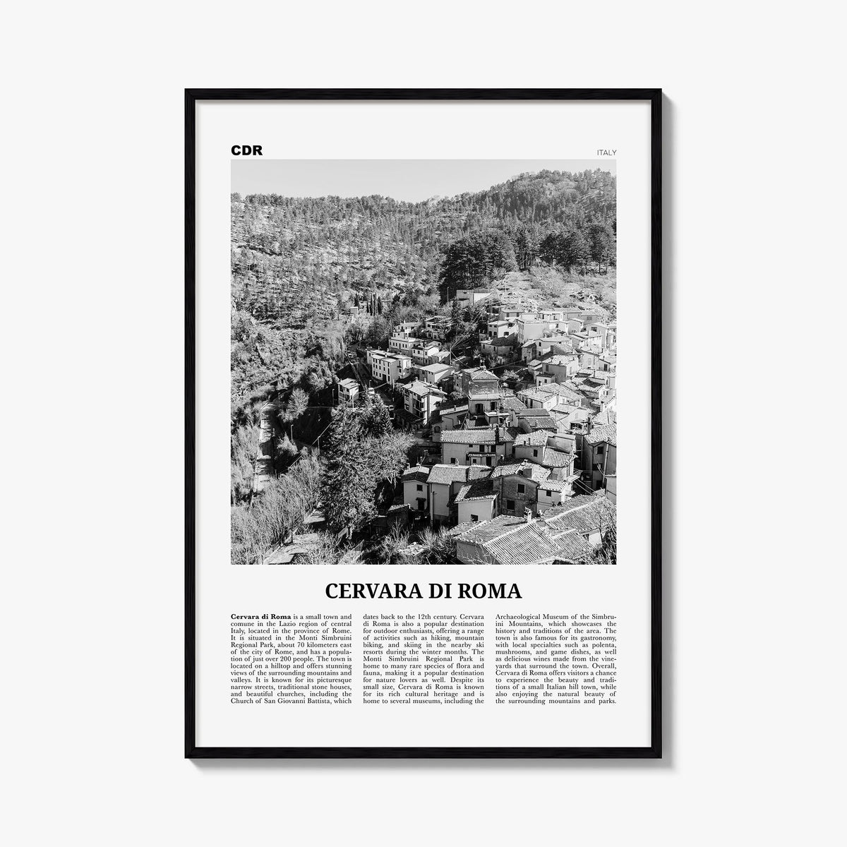 Cervara di Roma black & white newspaper poster of Italy – vertical wall art, unframed print shown in interior mockup