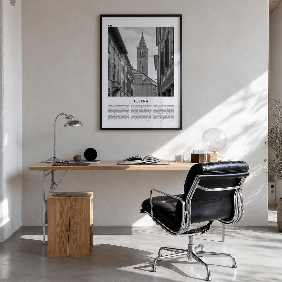 Cesena black & white newspaper poster of Italy – vertical wall art in black wood frame, hanging on wall