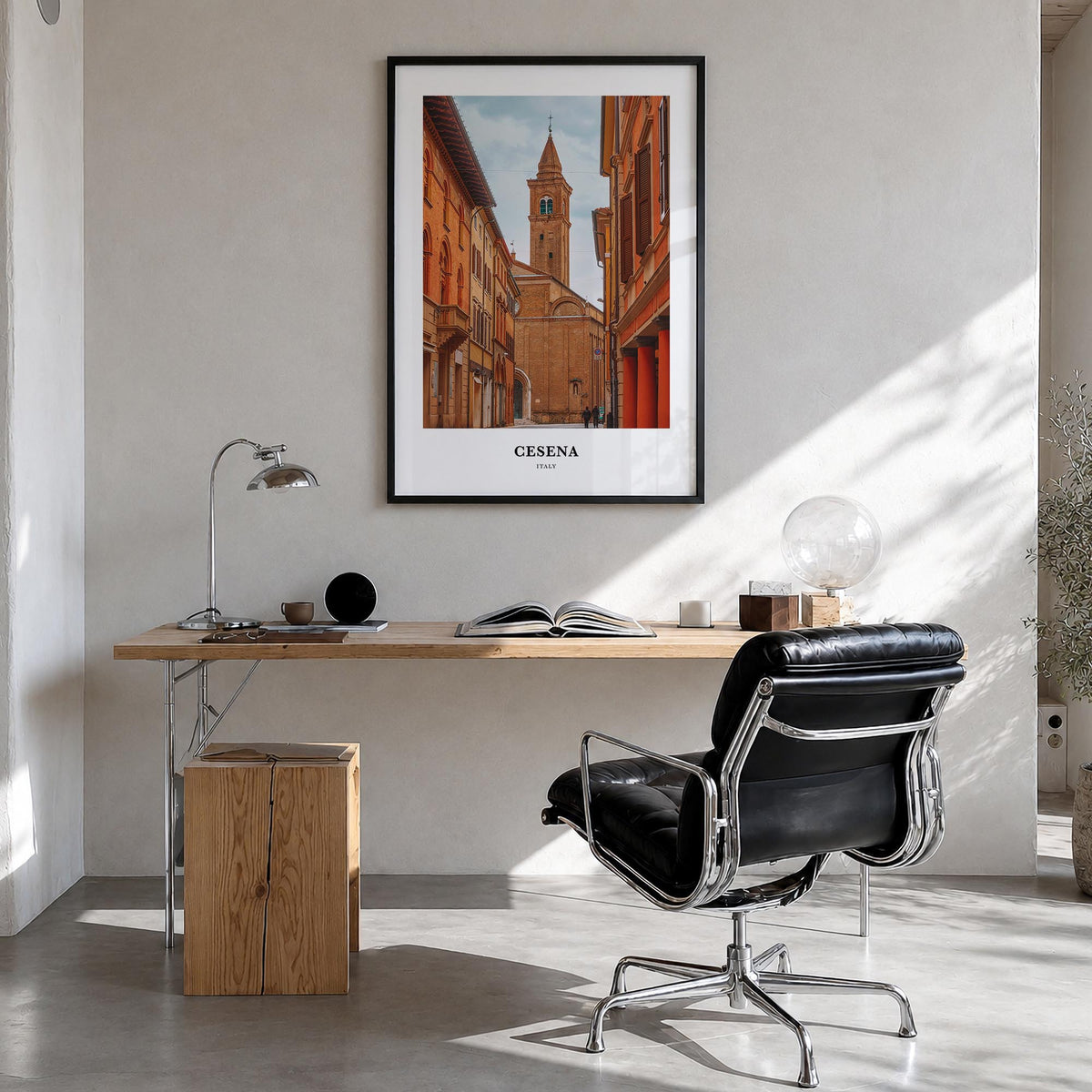 Cesena colorful classic poster of Italy – vertical wall art in black wood frame, hanging on wall