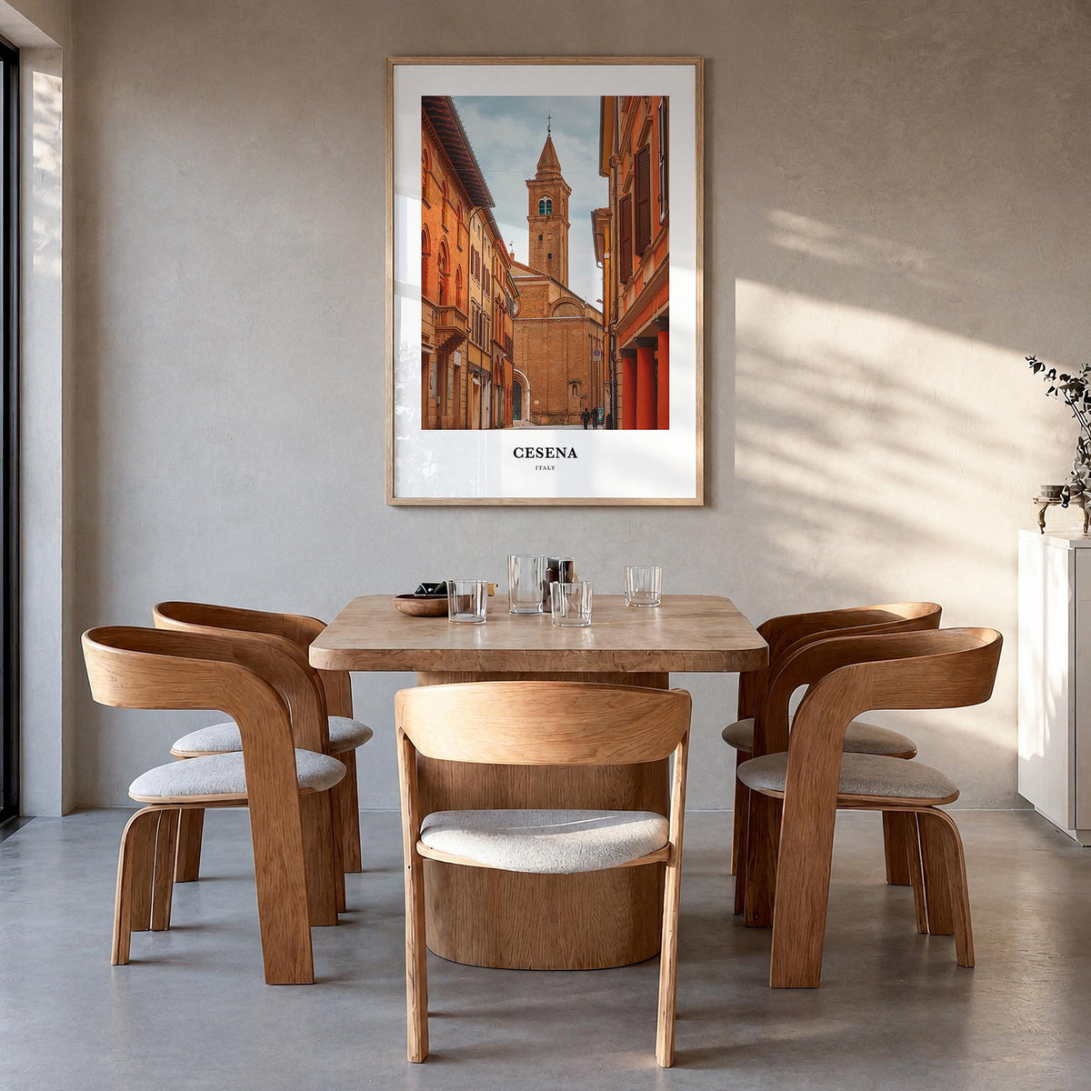Cesena colorful classic poster of Italy – vertical wall art in natural wood frame, hanging on wall