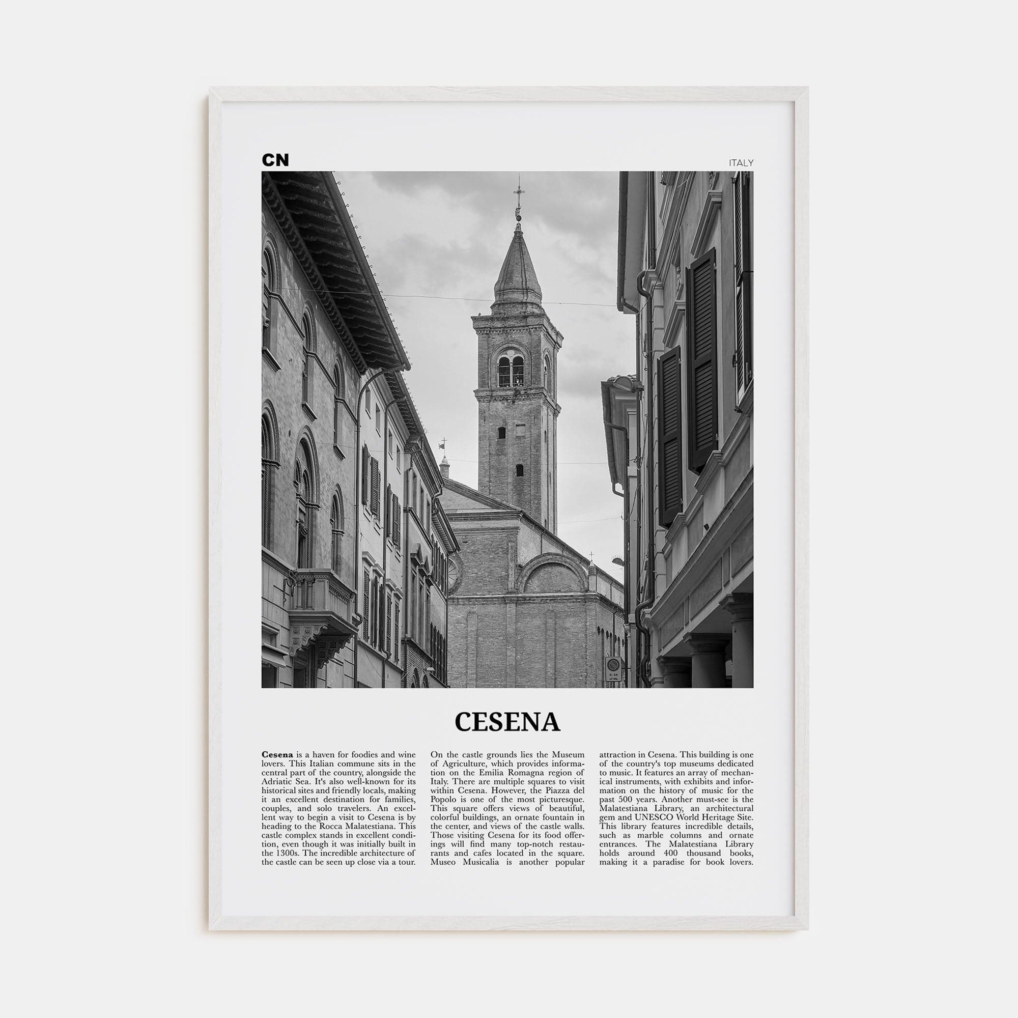 Cesena Poster White Wood / 8x12 in Nbourhood Travel B&W Poster