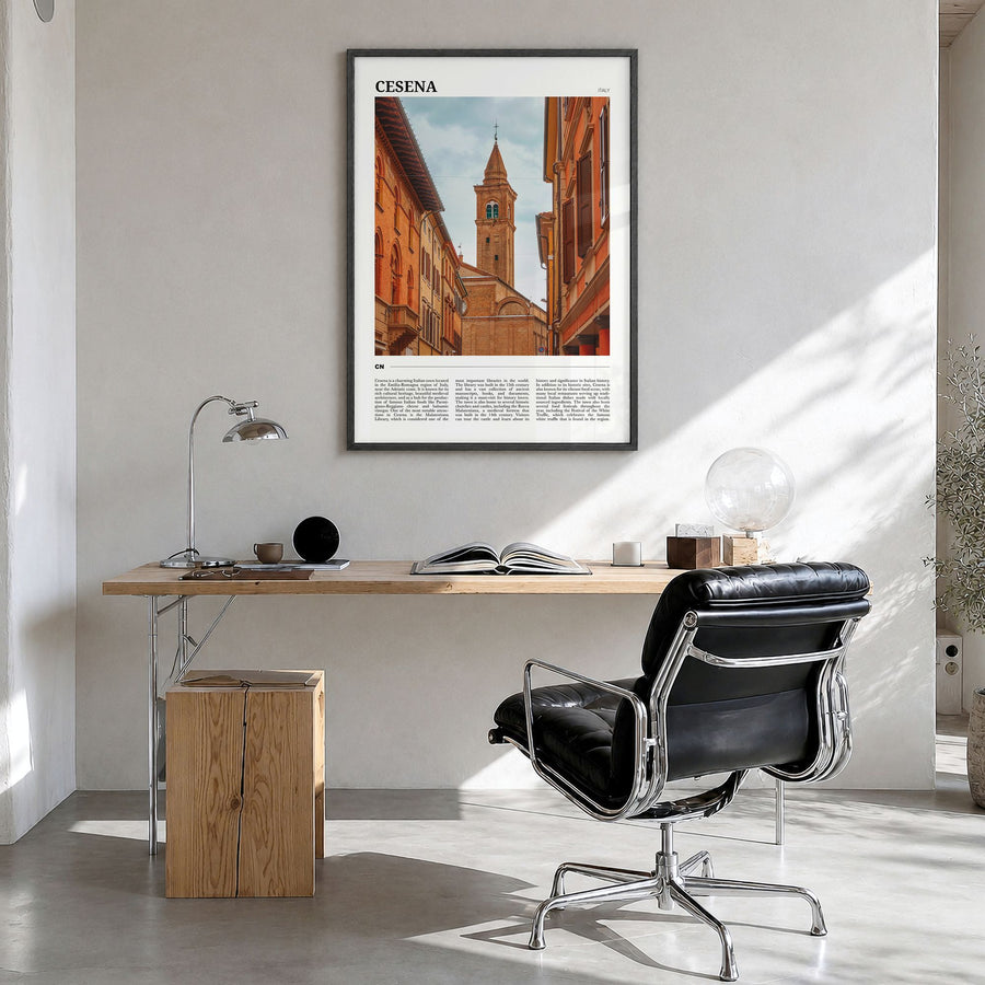 Cesena Travel Poster in a black wood frame, hanging in a bright home office