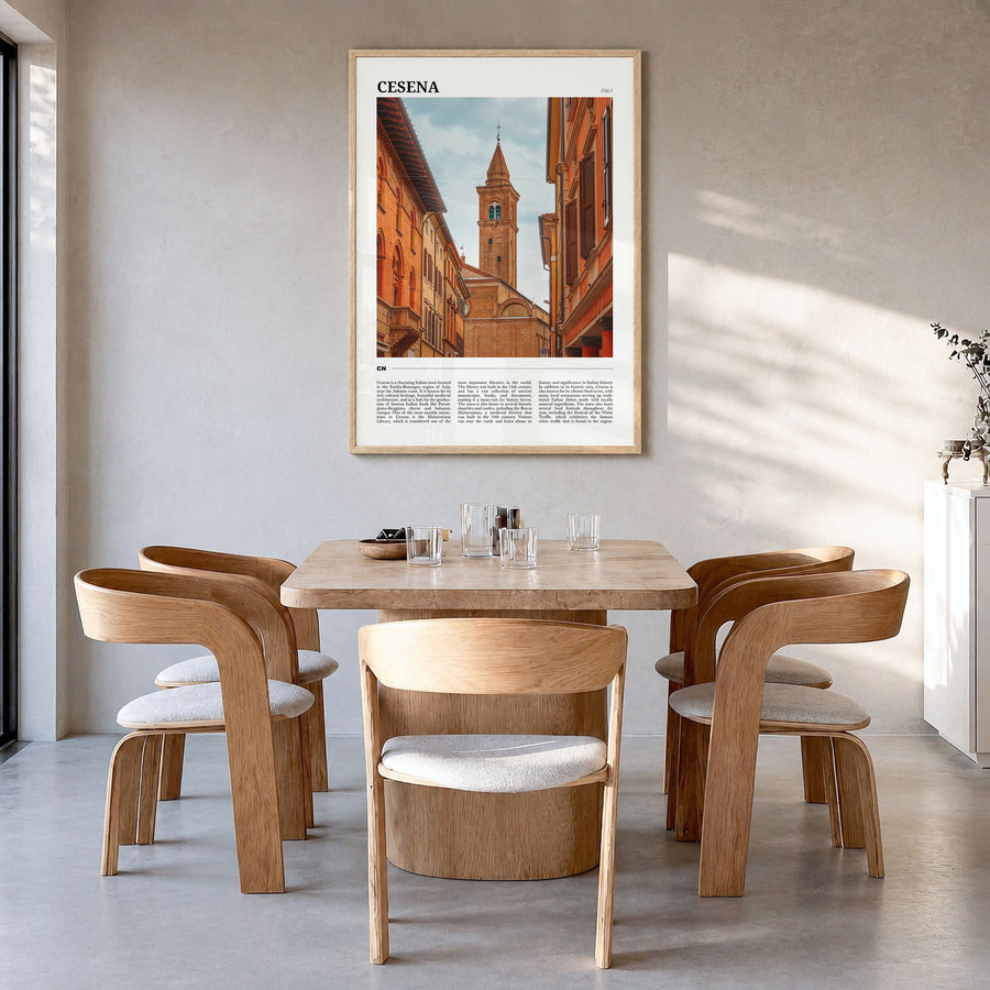 Cesena Travel Poster in a natural wood frame, hanging in a dining room